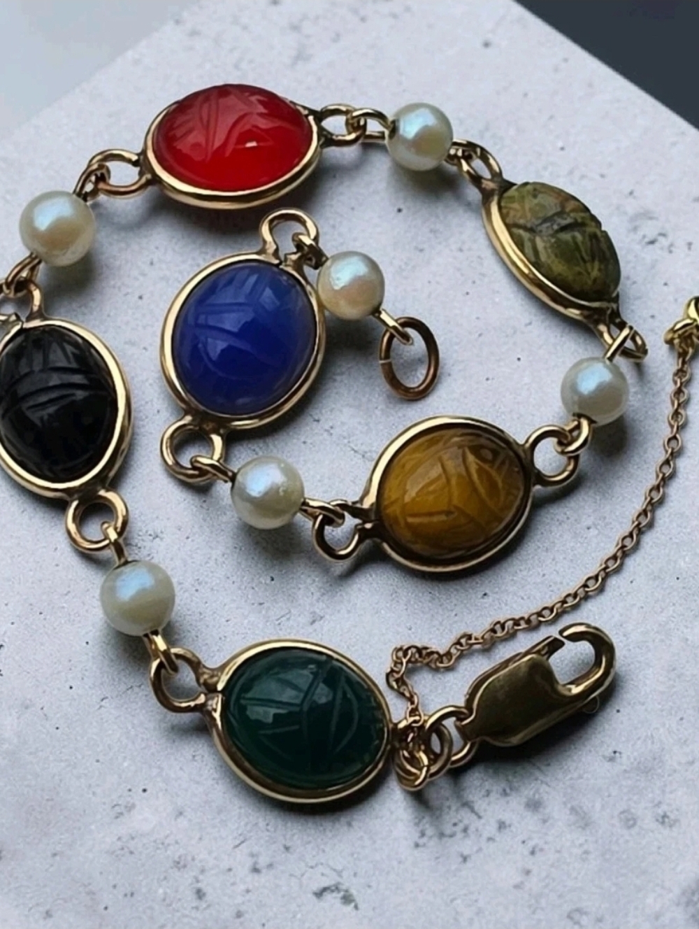 Vintage Gold Filled Egyptian Revival Scarab Bracelet Carved Stone Pearls 7.75"